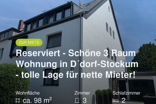 Neu im Angebot: Reserviert – Schöne 3 Raum Wohnung in D´dorf-Stockum – tolle Lage für nette Mieter!