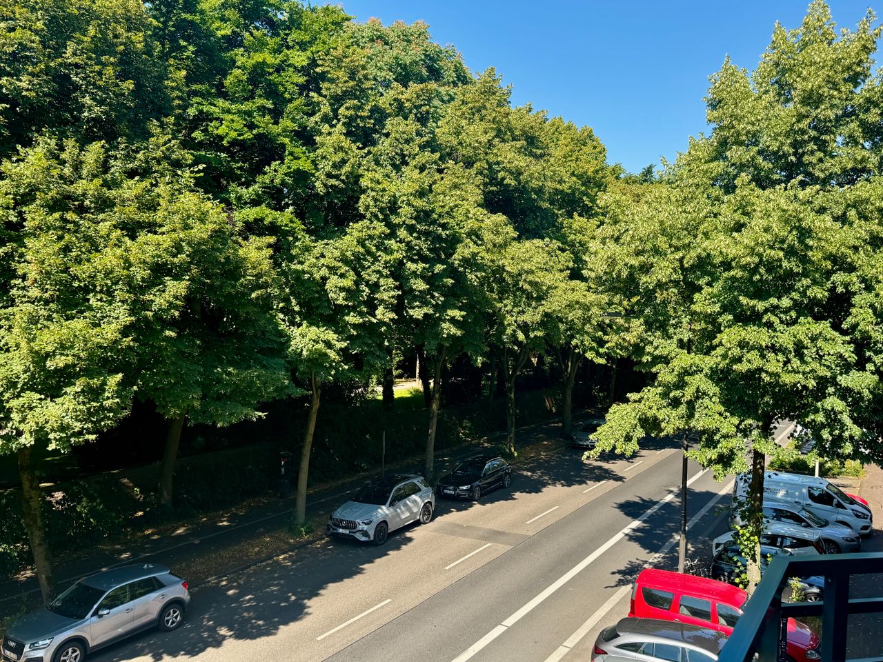 schöne grüne Aussicht vom Balkon: Baumallee