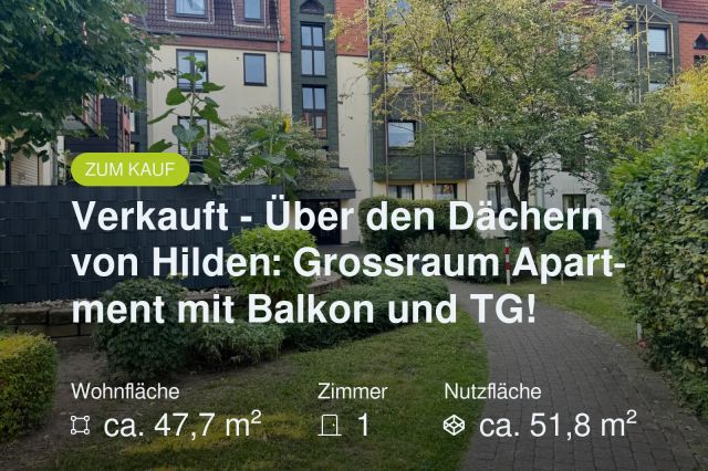 Neu im Angebot: Verkauft – Über den Dächern von Hilden:  Grossraum Apartment mit Balkon und TG!